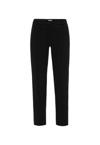 Black tailored pants with a slim fit, featuring a smooth fabric, waistband with belt loops, and front pockets with subtle stitching details.