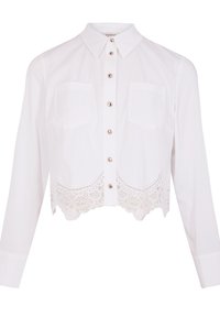 Weißes, kurzes Hemd mit langen Ärmeln, Knopfleiste, zwei Brusttaschen und Spitzenbesatz am Saum. Glatte Textur, klassisches Kragen-design.