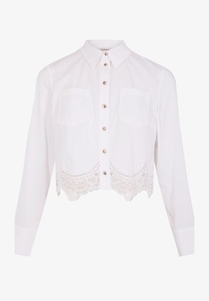 Weißes, kurzes Hemd mit langen Ärmeln, Knopfleiste, zwei Brusttaschen und Spitzenbesatz am Saum. Glatte Textur, klassisches Kragen-design.