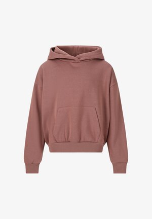 Overdimensionale mauve hoodie met voorzak in kangoeroestijl, geribbelde manchetten en geribbelde zoom, weergegeven op een witte achtergrond.