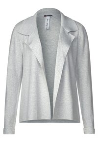 Světle šedý svetr s otevřeným předním dílem, strukturovaným límcem a dlouhými rukávy. Měkká tkanina s hladkou texturou a bez zapínání.