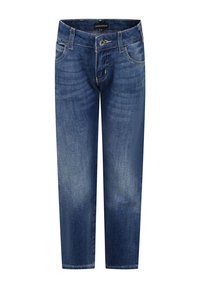 Donkerblauwe denim jeans met een recht gesneden pasvorm, voorkwamen en een knoopsluiting. Bevatten lichte vervaging voor een versleten uitstraling.