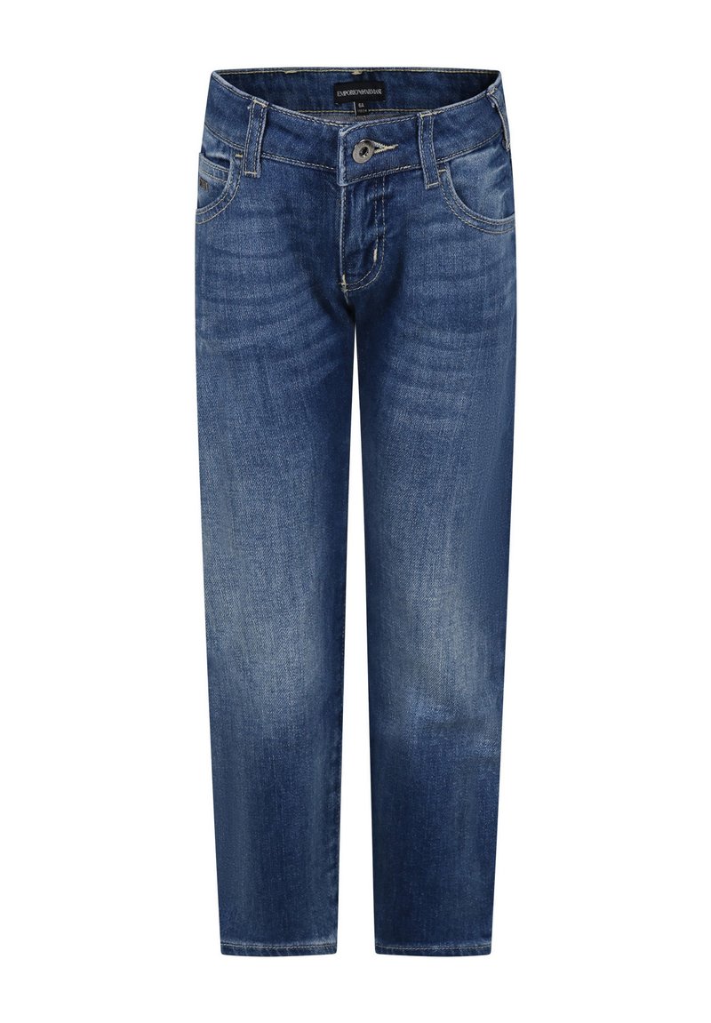Donkerblauwe denim jeans met een recht gesneden pasvorm, voorkwamen en een knoopsluiting. Bevatten lichte vervaging voor een versleten uitstraling.