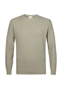 Maglione lavorato a maglia verde chiaro con scollatura rotonda, maniche lunghe e polsini a coste. Presenta un motivo testurizzato sottile su tutta la superficie.