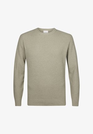 Suéter de punto verde claro con un cuello redondo, mangas largas y puños acanalados. Presenta un sutil patrón texturizado en toda su superficie.