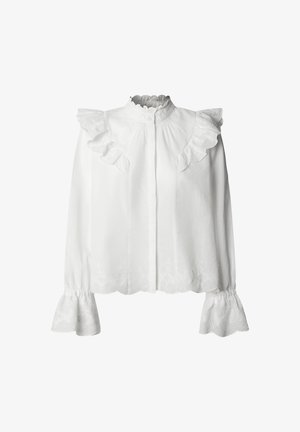 Hvid bluse med lange ærmer, høj flæset krave, flæsedetaljer ved skuldrene samt manchetter og kant med bølget kant og delikat broderi.