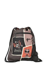 Mochila de cordón con paneles negros, rosas y naranjas, que presenta un gato con gafas de sol y frases como "Merci", "Voilà" y "París."