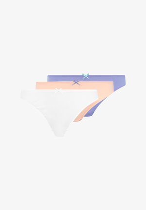 Three pairs of women’s cotton panties in white, peach, and lavender, featuring small bows at the waist and smooth edges.
