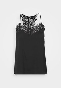 Camisole noire sans manches avec des détails en dentelle le long de l'encolure et du haut du dos, dotée de fines bretelles.