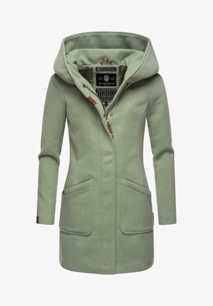 Lysegrøn lang fleecejakke med stor hætte, lynlås foran, to forlommer og mærke inden i kraven.