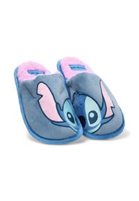 Zapatillas de casa de felpa azul con diseño del personaje Stitch, con un forro de peluche rosa, forma redondeada y detalles bordados en la parte superior.