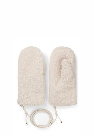 Kermakankaisia fleece -lapasia pehmeällä pinnalla, joissa on silmukkamuotoilu ja jokaiseen lapaseen kiinnitetty nauha. Brändin logo on kirjottu valkoisella.