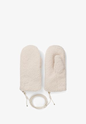 Manoplas de forro polar color crema con una textura suave, presentan un diseño de bucles y un cordón adjunto a cada manopla. Logo de la marca bordado en blanco.