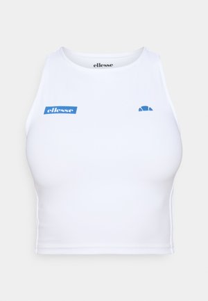 Top crop sans manches blanc en tissu lisse, avec des accents de logo bleu à l'avant et un col rond simple.