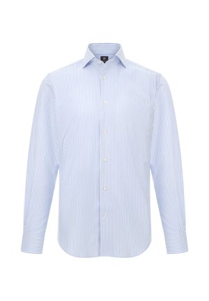 Camicia a righe blu chiaro e bianco con colletto classico, maniche lunghe e bottoni sul davanti. Tessuto liscio con una leggera lucentezza.
