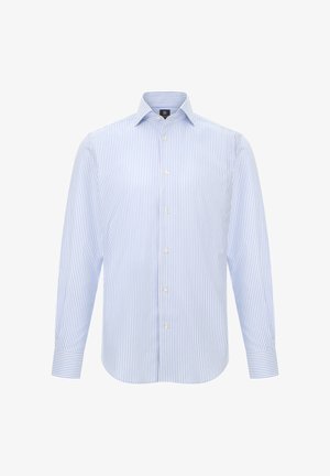 Camicia a righe blu chiaro e bianco con colletto classico, maniche lunghe e bottoni sul davanti. Tessuto liscio con una leggera lucentezza.