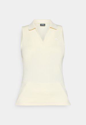 Tricou polo fără mâneci, de culoare galben deschis, cu guler în V, textură ribbed și guler alb. Prezintă un logo alb pe piept.