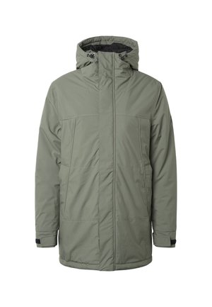 Jasnozielona ocieplana kurtka zimowa z kapturem, przednim zamkiem błyskawicznym zakrytym patką oraz regulowanymi paskami na nadgarstkach.