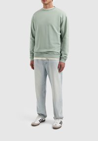 Light green sweatshirt with a round neckline, ribbed cuffs, and hem, paired with light blue jeans and white sneakers with gray accents.