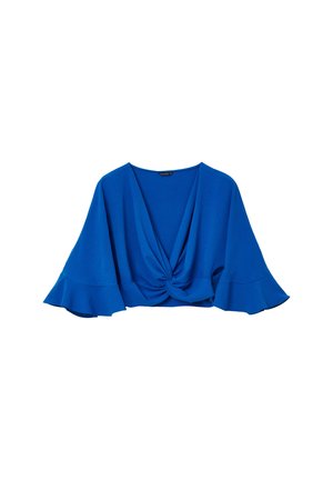 Top corto di un blu reale realizzato in tessuto morbido, con dettagli anteriore torcigliato e maniche a campana. Tessuto uniforme e liscio.