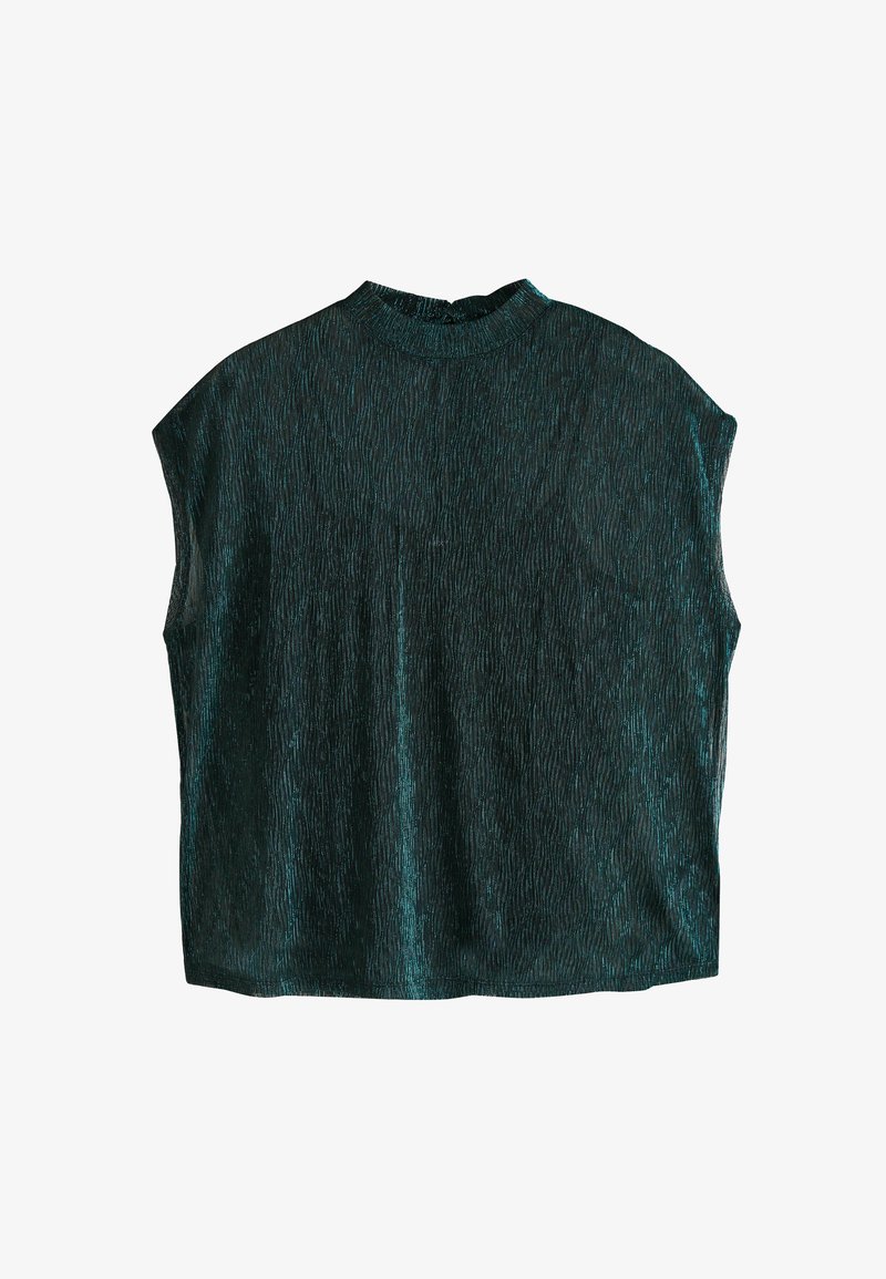 Top de manga corta en tono azul verdoso, confeccionado en tela texturizada con un sutil patrón de ondas, que presenta un cuello alto y un corte holgado.