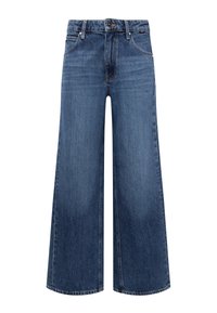 Wide-leg jeans in mid-blue denim. Features a high waist, traditional five-pocket design, and subtle fading with cuffed hems.