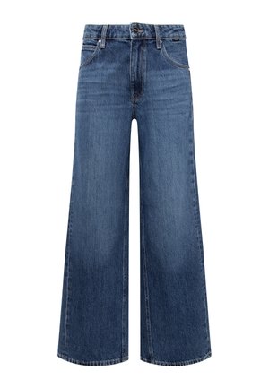 Weite Jeans aus mittleren blauen Denim. Verfügt über eine hohe Taille, ein traditionelles Fünf-Taschen-Design und dezente Ausbleichungen mit umgeschlagenen Säumen.