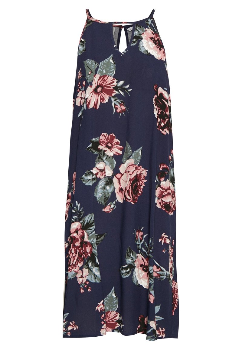 Robe maxi florale bleu marine avec des roses roses et vertes. Bretelles spaghetti, décolleté en trou de serrure et tissu fluide avec des fentes latérales pour plus de confort.