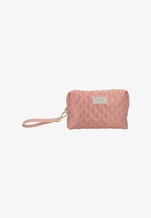 Gesteppte rechteckige rosa Handgelenktasche mit diagonalen Streifen, goldfarbenem Verschluss und einem "Unique Accessories" Etikett auf der Vorderseite.
