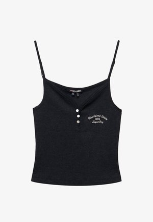 Zwart spaghettihemdje met drie knopen en de tekst "New York State 1986 SuperDry" op de linkerborst.