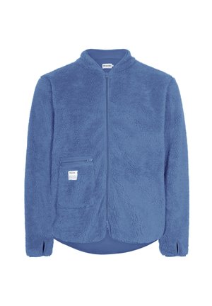 Blaue Fleecejacke mit Reißverschluss, hohem Kragen, weicher Textur und einer Fronttasche. Verfügt über einen abgerundeten Saum und Daumenlöcher an den Ärmeln.