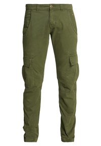 Olivgröna cargobyxor i mjukt bomullstyg. Har flera sidofickor, knäppning med knapp och en rak bendesign.