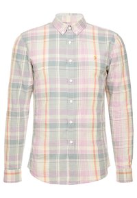 Langarm-Hemd aus Karomuster in pastelligen Farben von Hellblau, Rosa und Creme, mit einem Button-Down-Kragen und gesticktem Logo.