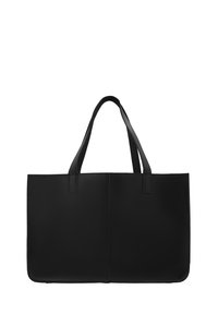 Schwarze rechteckige Ledertasche mit zwei Griffen und einfachem Steppmuster auf weißem Hintergrund.