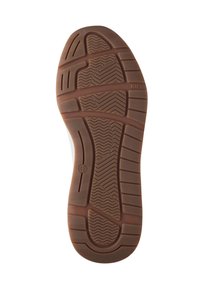 Lichtbruine rubberen zool met een gemarmerd patroon dat groeven en richels bevat. Merktekens omvatten maat "42" op de rand en merkdetails.