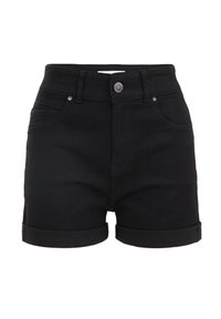 Schwarze Jeansshorts mit umgekrempelten Säumen, Knopfverschluss vorne, Gürtelschlaufen und vorderen Taschen vor einem weißen Hintergrund.