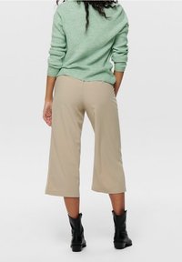 Pantalon beige à jambes larges avec une texture lisse, associé à un pull vert menthe, vu de dos, et des bottines noires.
