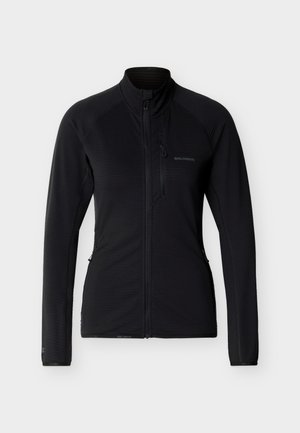 Μαύρο αθλητικό μπουφάν μακρυμάνικο με πλήρες φερμουάρ μπροστά, ψηλό γιακά, τρεις τσέπες με φερμουάρ και διακριτικό λογότυπο Salomon στο στήθος και στα μανίκια.