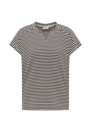Haut tricoté à manches courtes rayé horizontalement noir et blanc, avec encolure ronde à encoche en V et étiquette CECIL.