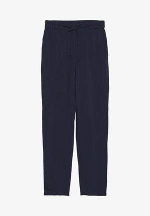 Pantaloni blu navy realizzati in tessuto morbido, con una vita elasticizzata dotata di cordino e un design a gamba dritta. Senza tasche visibili.