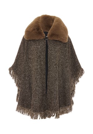 Brown tweed poncho with a large faux fur collar, featuring a fringe hem and a front zipper closure. Textured fabric with a warm, woven design.