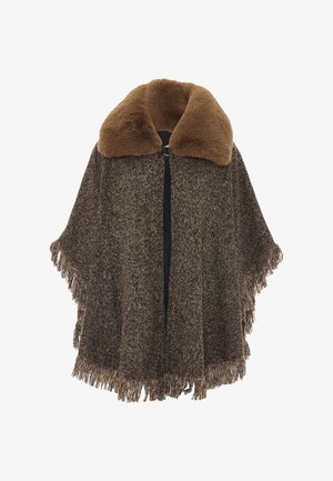 Brauner Tweed-Poncho mit großem Kunstfellkragen, ausgestattet mit einem Fransen-Saum und einem Reißverschluss vorne. Texturiert Stoff mit einem warmen, gewebten Design.