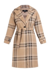 Cappotto lungo a quadri beige con strisce nere e bianche, ampio colletto, un bottone nero singolo e cintura coordinata legata in vita.