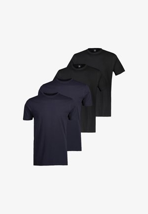Vier effen t-shirts met ronde hals in zwart en donker marineblauw, netjes gestapeld en in een verspringende formatie gerangschikt op een witte achtergrond.