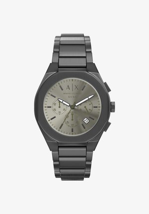 Chronograph-Uhr mit achteckigem Gehäuse und Armband aus schwarzem Edelstahl, grauem Zifferblatt mit drei Hilfszifferblättern, Datumsanzeige und kontrastierenden Stundenmarkierungen.