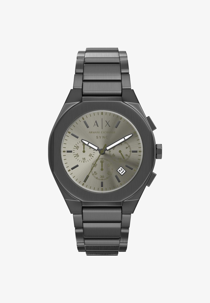 Montre chronographe avec boîtier et bracelet octogonaux en acier inoxydable noir, cadran gris avec trois sous-cadrans, affichage de la date et index des heures contrastants.