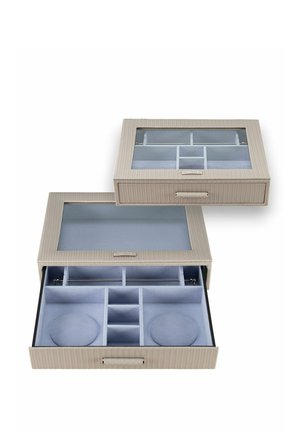 Organisateur de bijoux beige avec couvercle transparent, tiroir ouvert montrant plusieurs compartiments et coussins rembourrés pour montres à l'intérieur.