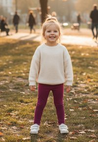 Dziecko w kremowym swetrze w prążki i fioletowych legginsach, stojące na trawie. Ma na nogach białe buty na rzepy, uśmiecha się. Miękkie oświetlenie.