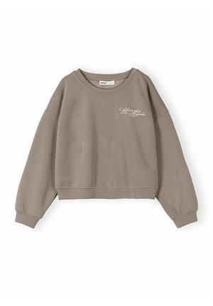 Kremowa krótka bluza z długimi rękawami i białym napisem „California Los Angeles Club” na lewej piersi.