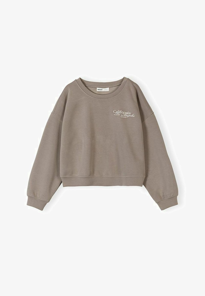 Sweat-shirt court couleur taupe avec manches longues et texte "California Los Angeles Club" en police blanche sur le côté gauche de la poitrine.